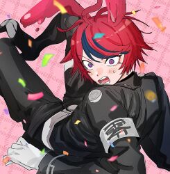  1boy ahoge animal_ears armband black_boots black_jacket black_streaks blue_eyes boots commentary dorodorodo412 fallen_down geta gloves jacket last_defense_academy_school_uniform looking_at_viewer male_focus multicolored_hair open_mouth pink_background rabbit_boy rabbit_ears red_hair school_uniform short_hair solo streaked_hair sumino_takumi surprised sweatdrop the_hundred_line_-last_defense_academy- two-tone_hair variant_set white_armband white_gloves wide-eyed 
