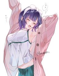  1girl absurdres arm_behind_head armpits arms_up blunt_bangs bow_hairband brown_eyes camisole cardigan commentary cowboy_shot hair_ornament hairband half-closed_eyes highres loungewear midriff_peek nanase_suzuna nanase_suzuna_(3rd_costume) nijisanji one_eye_closed open_mouth pink_cardigan purple_hair short_hair simple_background solo squeans stretching twitter_username usumi0922 virtual_youtuber white_background white_camisole white_hairband x_hair_ornament yawning 