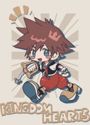  1boy ao_ringo_(yakirinngo_ha) belt blue_belt blue_eyes blush_stickers boots brown_hair chibi chibi_only copyright_name cropped_jacket crown_necklace fingerless_gloves gloves grey_background hair_between_eyes highres kingdom_hearts male_focus open_mouth over_shoulder red_romper romper running short_hair smile solo sora_(kingdom_hearts) spiky_hair weapon weapon_over_shoulder white_gloves yellow_boots 