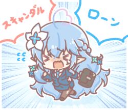  >_< 1girl ahoge black_shoes blue_hair blue_jacket blue_necktie blue_skirt braid breasts briefcase brown_pantyhose chibi closed_eyes collared_shirt emphasis_lines flower flying_sweatdrops gradient_hair hair_between_eyes hair_flower hair_ornament heart heart_ahoge holding hololive jacket large_breasts long_hair long_sleeves mitarashi_neko multicolored_hair necktie open_mouth pantyhose pencil_skirt pink_hair shirt shoes skirt skirt_suit solo streaked_hair suit tears translation_request very_long_hair virtual_youtuber wavy_mouth white_flower white_shirt yukihana_lamy 