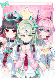  3girls angels_of_delusion aqua_streaks aria_(zenless_zone_zero) arm_warmers bag bandaid bandaid_hair_ornament black_choker black_hair blue_eyes bow bryantlee998 choker clothing_cutout colored_inner_hair dress earrings fur-trimmed_skirt fur_trim green_bow green_eyes green_hair green_halo hair_between_eyes hair_intakes hair_ornament halo highres holding holding_microphone jewelry microphone multicolored_hair multiple_girls multiple_hair_clips musical_note_earrings nangong_yu navel_cutout pink_arm_warmers pink_bag pink_hair red_eyes shirt short_twintails skirt smile streaked_hair striped_arm_warmers sunna_(zenless_zone_zero) too_many_bows twintails white_dress white_shirt zenless_zone_zero 
