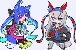  2girls :3 @_@ ahoge animal_ears animal_hood aqua_hair belt belt_buckle black_leggings black_sailor_collar black_skirt blue_eyes blue_hair blue_neckerchief blush boots bow buckle commentary_request crossed_bangs ear_covers fang full_body grey_hair hair_bow hair_ornament hair_ribbon hairband hand_on_own_hip heterochromia highres hood hoodie horse_ears horse_girl horse_tail jitome leggings long_hair long_sleeves looking_at_viewer multicolored_hair multicolored_hoodie multicolored_neckerchief multicolored_ribbon multiple_girls neckerchief open_mouth rabbit_hood red_neckerchief ribbon sailor_collar shoes sidelocks simple_background skirt standing striped_bow stuffed_animal stuffed_rabbit stuffed_toy tail tamamo_cross_(fast_as_lightning)_(umamusume) tamamo_cross_(umamusume) temu_(kobaeihuk) twin_turbo_(blast_mode!_turbo_engine)_(umamusume) twin_turbo_(umamusume) twintails two-tone_hair umamusume very_long_hair violet_eyes white_background yellow_boots 