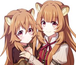  2girls animal_ear_fluff animal_ears blunt_bangs breasts brown_dress brown_hair child closed_mouth coconat_summer collar collared_dress commentary_request double-parted_bangs dress hand_up hands_up high_collar light_blush long_hair long_sleeves looking_at_viewer messy_hair metal_arm_cuffs metal_collar metal_wrist_cuffs multiple_girls neck_ribbon open_collar own_hands_together pinstripe_dress pinstripe_pattern raccoon_ears raccoon_girl raphtalia raphtalia_(young) red_dress red_eyes red_ribbon ribbon short_sleeves simple_background sleeveless sleeveless_dress small_breasts smile straight_hair tate_no_yuusha_no_nariagari time_paradox two-tone_dress upper_body white_background white_dress yellow_trim 