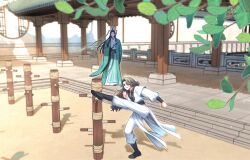  2boys architecture black_boots black_hair black_sash blurry blurry_foreground boots branch brown_eyes brown_hair chinese_clothes clenched_hands commentary_request curtained_hair day east_asian_architecture fence floating_hair folded_fan folding_fan green_hanfu green_ribbon hand_fan hanfu highres holding holding_fan kicking korean_commentary leaf leg_up light_particles long_hair long_sleeves looking_at_another luo_binghe male_focus melan_melan motion_blur multiple_boys no_eyes outdoors pants parted_bangs parted_lips pillar renzha_fanpai_zijiu_xitong ribbon ribboned_xiao_guan round_window sash shadow shen_qingqiu sparring sparring_dummy stairs standing standing_on_one_leg stone_stairs sweat veranda very_long_hair wavy_hair white_hanfu white_pants wide_shot wide_sleeves window 