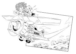  1boy 1girl aircraft airplane amy_rose animal_ears animal_nose ashofourtime cliff clouds dragon_ball dragon_ball_(classic) dress furry furry_female furry_male gloves hairband hedgehog_girl highres holding motion_lines open_mouth panicking parody rock shoes sneakers sonic_(series) sonic_the_hedgehog sonic_the_hedgehog_(classic) style_parody toriyama_akira_(style) tornado_(airplane)_(sonic) white_gloves 