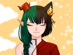  1girl animal_ear_fluff animal_ears bare_shoulders blunt_bangs braid brown_hair cat_ears chinese_clothes closed_eyes cloud_background dragon dragon_girl dragon_horns eastern_dragon eastern_dragon_horns eon_productions flower green_hair hair_flower hair_ornament highres horns japanese_clothes kimono long_hair mei-ling_draco mii_reis najinajimi neobaka pointy_ears portuguese_commentary red_kimono shirt simple_background single_braid sleeveless sleeveless_shirt star_(symbol) star_symbol_background symmetry virtual_youtuber voice_actor_connection 