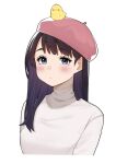  1girl beret bird black_hair blue_eyes blush breasts chick eyelashes hat highres long_hair long_sleeves looking_at_viewer open_mouth portrait sakura_no_tomoru_hi_e shirt simple_background solo turtleneck white_background yellow_bird 