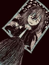  1girl asymmetrical_sidelocks black_capelet black_hair capelet collared_shirt commentary gap_(touhou) hair_between_eyes haruka_yoppa medium_hair mirror necktie open_mouth red_background reflection shirt sidelocks solo_focus sweat teeth touhou upper_teeth_only usami_renko white_shirt 