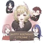  2boys 3girls alcryst_(fire_emblem) alear_(female)_(fire_emblem) alear_(fire_emblem) blonde_hair blue_hair chibi citrinne_(fire_emblem) closed_eyes diamant_(fire_emblem) feather_hair_ornament feathers fire_emblem fire_emblem_engage fur_trim hair_ornament hairband hairclip happy_birthday highres jewelry lapis_(fire_emblem) long_hair multicolored_hair multiple_boys multiple_girls necklace open_mouth pink_hair red_eyes redhead short_hair smile solo_focus tondemoneeds two-tone_hair 