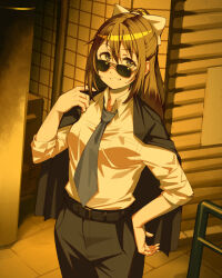  1girl black_jacket black_pants blue_eyes blue_necktie brown_hair commentary hair_ribbon highres indoors jacket long_hair looking_at_viewer love_live! love_live!_nijigasaki_high_school_idol_club necktie osaka_shizuku pants ribbon shirt smile solo suit sunglasses toadsterz white_ribbon white_shirt yellow_theme 