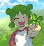  1girl :d ^_^ blue_sky blush butterpan_zz child closed_eyes clouds cloudy_sky clover day facing_viewer four-leaf_clover grass green_hair happy highres holding koiwai_yotsuba looking_at_viewer open_mouth outdoors quad_tails shirt short_hair short_sleeves sky smile solo t-shirt teeth upper_body upper_teeth_only white_shirt yotsubato! 