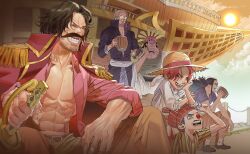  6+boys abs aged_down beard_stubble black_hair blonde_hair blue_nose boat buggy_the_clown clenched_teeth coat coat_on_shoulders collared_shirt commentary_request crocus_(one_piece) cup epaulettes facial_hair gol_d._roger green_tank_top hair_slicked_back hat head_rest highres holding holding_cup holding_sword holding_weapon korean_commentary multiple_boys mustache one_piece open_clothes open_shirt outdoors pink_shirt ponytail raijonyanyanya red_coat red_hair red_nose scopper_gaban shanks_(one_piece) shirt short_hair sidelocks silvers_rayleigh sitting smile stubble sun sunset sword t-shirt tank_top teeth watercraft weapon white_shirt 