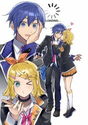 >_o 1boy 1girl 6_chair absurdres aqua_eyes armband black_choker black_jacket black_pants black_shoes blazer blonde_hair blowing_kiss blue_eyes blue_hair blue_nails bow bow_hairband bowtie choker closed_mouth commentary english_commentary frilled_armband frills full_body hair_ornament hairband hairclip hand_on_another's_face hand_on_own_face hand_up hetero highres jacket kagamine_rin kaito kaito_(vocaloid) kiss kissing_cheek kneehighs leo/need_kaito leo/need_rin loading_icon loafers long_sleeves multiple_views necktie o3o one_eye_closed open_mouth orange_armband orange_hairband orange_skirt pants pink_bow pink_bowtie pink_necktie plaid_clothes plaid_skirt plaid_trim pleated_skirt polka_dot_hairband project_sekai puckered_lips school_uniform shirt shoes simple_background skirt sneakers socks studded_choker surprise_kiss surprised vocaloid white_background white_shirt white_socks wide-eyed x_hair_ornament yellow_nails