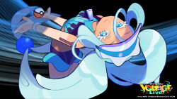  1girl arched_back artist_name bikini blue_bikini blue_eyes bracelet colored_eyelashes commentary_request company_name copyright_name from_above hatsune_miku highres jewelry logo long_eyelashes long_hair looking_at_viewer looking_up mizutani_megumi poke_ball poke_ball_(basic) pokemon project_voltage second-party_source smile solo swimsuit tan tanlines twintails visor_cap vocaloid water_miku_(project_voltage) 