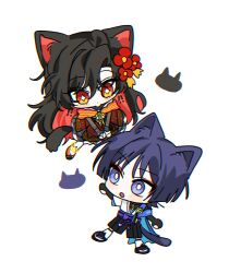 1boy 1girl animal_ears anklet asymmetrical_bangs belt black_belt black_bodysuit black_bridal_gauntlets black_hair black_sandals black_shorts blue_kimono blue_sleeves blunt_ends blush_stickers bodysuit bow bridal_gauntlets bright_pupils cat_boy cat_ears cat_girl cat_tail character_request chibi chibi_only colored_inner_hair commentary_request commission commissioner_insert couple diamond-shaped_pupils diamond_(shape) eyeliner genshin_impact gold grey_bridal_gauntlets hair_intakes hakama hakama_shorts hetero highres japanese_clothes jewelry juban kimono korean_commentary layered_skirt layered_sleeves leg_warmers looking_at_another looking_to_the_side makeup multicolored_hair oc_x_canon off_shoulder open_clothes open_kimono open_mouth orange_eyes outstretched_arms pelvic_curtain pleated_shorts purple_bow purple_hair purple_sash red_eyeliner red_hair red_shoes red_skirt sandals sash scaramouche_(genshin_impact) second-party_source see-through_clothes see-through_sleeves shoes short_sleeves shorts skirt symbol-shaped_pupils tail toeless_legwear violet_eyes wanderer_(genshin_impact) white_background white_kimono white_leg_warmers white_pupils white_skirt white_sleeves wispy_bangs wow1211 zouri 