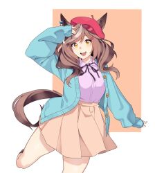  1girl absurdres animal_ears aqua_cardigan beret blue_cardigan blush breasts brown_hair brown_skirt cardigan casual commentary ears_through_headwear hair_ornament hairclip hat highres horse_ears horse_girl horse_tail jacket long_hair long_sleeves looking_at_viewer matikanetannhauser_(casual)_(umamusume) matikanetannhauser_(umamusume) multicolored_hair open_mouth pink_shirt red_hat shirt skirt smile solo streaked_hair tail tilted_headwear umamusume umisaki yellow_eyes 