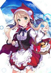  1girl alternate_costume apron basket blonde_hair blush bottle center_frills frills green_eyes halloween halloween_costume holding holding_basket holding_umbrella hood hood_up indie_virtual_youtuber little_red_riding_hood_(fairy_tale) long_hair looking_at_viewer natu_zora open_mouth rainbow red_hood red_skirt shigure_ui_(vtuber) skirt solo twintails umbrella virtual_youtuber wine_bottle 
