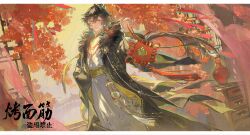  1boy absurdres alternate_costume bead_necklace beads black_coat black_hair brown_eyes cabinet coat commentary_request doufang drawer earrings eyeshadow fur-trimmed_coat fur_trim genshin_impact highres jewelry lattice leaf long_hair long_sleeves looking_at_viewer makeup male_focus necklace red_eyeshadow robe sash shiyi1314 single_earring solo tassel tassel_earrings tree vase waist_sash white_robe zhongli_(genshin_impact) 