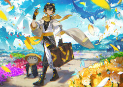  1boy :3 black_boots black_hair black_pants blonde_hair blue_petals boots briefcase clouds cloudy_sky copyright_notice cross-laced_clothes cross-laced_sleeves dragon falling_petals field flower flower_field full_body goggles goggles_on_head holding holding_suitcase holostars japanese_clothes kimono kotatsu_(yatogami_fuma) male_focus mountain mountainous_horizon multicolored_hair official_art outdoors pants path petals pink_flower purple_flower raccoon sandogasa scarf scottie_(phantom2) sky suitcase virtual_youtuber walking white_kimono white_petals yatogami_fuma yellow_eyes yellow_flower yellow_petals yellow_scarf 