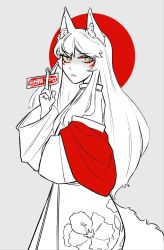  1girl animal_ears closed_mouth commentary commission doggyawoo expressionless eyeshadow eyeshadow_under_eye floral_print floral_print_kimono fox_ears fox_girl fox_tail highres holding japanese_clothes kimono long_hair looking_at_viewer makeup original partially_colored print_kimono red_eyeshadow red_sun solo standing tail yellow_eyes yukata 