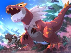  absurdres black_sclera blue_sky claws colored_sclera commentary_request dinosaur evolutionary_line fangs highres himeemon06251 no_humans open_mouth outdoors pokemon pokemon_(creature) pokemon_focus sharp_teeth skin_fangs sky tail teeth tree tyrannosaurus_rex tyrantrum tyrunt 