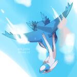  artist_name blue_skin blue_sky clouds colored_skin commentary_request flying from_above highres latios no_humans outdoors pokemon pokemon_(creature) red_eyes sky towa_(clonea) wings 
