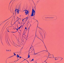  1girl bow bowtie english_text headset highres long_hair long_sleeves looking_at_viewer miniskirt monochrome open_mouth original pepeppepe101 pleated_skirt sitting skirt smile solo speech_bubble 