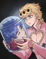  2boys argyle_clothes argyle_sweater birthmark bug ear_birthmark father_and_child father_and_son giorno_giovanna hand_on_another's_head highres joestar_birthmark jojo_no_kimyou_na_bouken jonathan_joestar ladybug ladybug_ornament multiple_boys parent_and_child phantom_blood selpuku sweater vento_aureo victory_rolls 