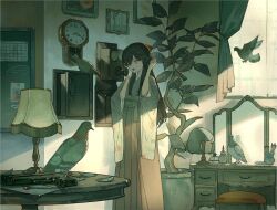  1girl 3pel1 absurdres analog_clock animal antique_phone bird bottle clock commentary_request curtains desk feet_out_of_frame green_kimono grey_bird hakama hakama_skirt highres holding holding_phone indoors japanese_clothes kimono lamp mirror muted_color original phone picture_frame pigeon plant potted_plant red_skirt ringer_box skirt slice_of_life solo standing stool three-quarter_sleeves unworn_wig wide_sleeves wig window 