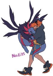 1boy black_hair black_hoodie black_shoes blue_shorts chuu_ni commentary_request full_body headband hood hood_down hoodie hug hydreigon male_focus open_mouth orange_headband pokemon pokemon_(creature) pokemon_sword_and_shield raihan_(pokemon) shoes short_hair shorts smile spiky_hair two-sided_hoodie white_background 
