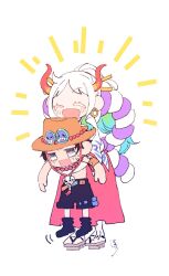  1boy 1girl bead_necklace beads black_boots black_hair black_shorts boots chibi chibi_only commentary_request earrings full_body hakama harmikeneko hat high_ponytail highres horns japanese_clothes jewelry lifting_person long_hair motion_lines necklace one_piece orange_hat ponytail portgas_d._ace red_hakama shorts simple_background white_hair yamato_(one_piece) 