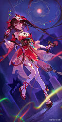  1girl absurdres bare_shoulders bell black_choker black_gloves black_hair black_sash chinese_commentary choker circle_facial_mark commentary_request criss-cross_halter dress duershou facial_mark flower_tattoo fox_mask gloves grin gun halterneck highres holding holding_gun holding_weapon honkai:_star_rail honkai_(series) kendama long_hair looking_at_viewer mark_under_both_eyes mask mask_on_head neck_bell open_mouth pink_eyes red_dress red_sleeves sandals sash smile solo sparkle_(honkai:_star_rail) standing standing_on_one_leg tattoo twintails weapon 