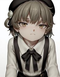  1girl black_bow black_bowtie bow bowtie brown_eyes brown_hair flower hat hatoba_tsugu highres non-web_source overalls rose shirt skirt solo suspender_skirt suspenders tagme tsugu_(vtuber) virtual_youtuber white_flower white_rose white_shirt 