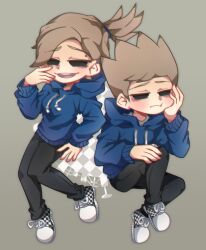  1boy 1girl animification bad_id bad_tumblr_id bilingual_commentary black_pants blue_hoodie brown_hair character_and_genderswap checkered_shoes commentary daesaeng deformed drawstring dual_persona earrings eddsworld eyebrow_piercing face_piercing genderswap genderswap_(mtf) hand_on_own_face highres hollow_eyes hood hood_down hoodie jewelry jitome korean_commentary long_sleeves looking_at_viewer mixed-language_commentary open_mouth pants piercing shoes short_hair sneakers spiky_hair tamara_(eddsworld) tom_(eddsworld) topknot variant_set 