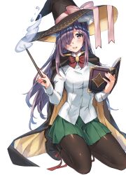  1girl :d black_boots black_pantyhose blouse blush book boots bow bowtie breasts burn_scar cape fantasy full_body green_skirt hair_over_one_eye hat hat_ribbon highres ikezawa_hanako juliet_sleeves katawa_shoujo kneeling long_hair long_sleeves looking_at_viewer medium_breasts open_book open_mouth pantyhose pink_ribbon pleated_skirt puffy_sleeves purple_hair red_bow red_bowtie ribbon scar school_uniform second-party_source shirt simple_background skirt smile solo violet_eyes wand weee_(raemz) white_background white_shirt witch_hat yamaku_high_school_uniform 