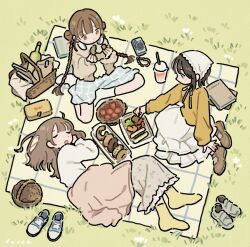 3girls :o blue_shoes blue_skirt blunt_bangs blush_stickers book bottle braid brown_eyes brown_hair brown_shirt brown_shoes camera dot_nose doughnut drink floral_print food from_above fucca green_shoes grey_skirt hand_up headphones headphones_around_neck headscarf holding holding_food light_blush long_hair long_skirt long_sleeves lying multiple_girls neck_ribbon on_side open_clothes open_shirt original outdoors picnic picnic_basket picnic_blanket pink_skirt plaid_clothes plaid_skirt ribbon sandwich shirt shoes short_hair sitting skirt sleeping socks straight_hair twin_braids unworn_shoes white_headscarf white_ribbon white_skirt white_socks yellow_shirt yellow_socks yokozuwari 