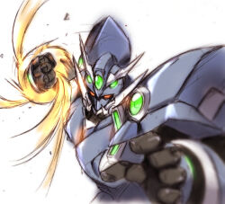  arm_blade clenched_hand commentary_request glowing mecha mecha_focus no_humans red_eyes robot rocket_punch science_fiction simple_background solo soulgain standing suga_leon super_robot super_robot_wars super_robot_wars_advance super_robot_wars_original_generation v-fin weapon 