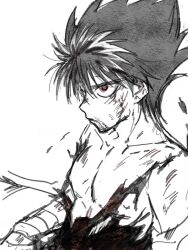  1boy bandaged_arm bandages bare_pectorals bare_shoulders black_hair black_shirt blood blood_on_face closed_mouth collarbone hiei_(yu_yu_hakusho) highres kiko large_pectorals looking_at_another muscular muscular_male neck nipples pectorals red_eyes shirt topless_male torn_clothes white_background yu_yu_hakusho 