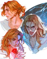  1boy artist_name blonde_hair blue_eyes collared_shirt flower furrowed_brow hair_between_eyes hair_bun hair_over_shoulder highres holding holding_flower lightning long_hair lotusbubble227 male_focus multiple_views open_mouth parted_bangs prince_adam_(disney) red_flower red_rose rose scar scar_on_cheek scar_on_face scar_on_neck shirt sleeping_beauty_(disney) solo storm updo upper_body white_shirt 