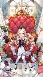  1girl :t absurdres ace_(playing_card) ace_of_hearts black_hairband black_shoes blonde_hair bow_hairband box card chandelier chess_piece clock curtains dress earrings flower from_above gift gift_box hairband heart highres holding holding_riding_crop jewelry long_hair mirror original pantyhose pawn_(chess) playing_card pout red_eyes red_flower red_rose red_shoes riding_crop ringlets rose shoes sitting solo stuffed_animal stuffed_rabbit stuffed_toy sunlight unworn_shoes vase white_pantyhose window xos_shark_s2 