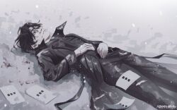  1boy bags_under_eyes belt_collar black_coat black_eyes black_hair black_shirt blood blood_on_face blood_splatter coat collar feathers hand_on_own_stomach highres lying male_focus omniscient_reader's_viewpoint on_back open_clothes open_coat outdoors paper scar scar_on_hand shirt short_hair sir_arcturus snow snowing solo white_feathers yoo_joonghyuk 