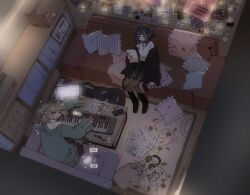  2girls absurdly_detailed_composition ahoge bed_sheet black_boots black_jacket black_nails black_skirt black_thighhighs blue_pillow boots box brown_skirt cardboard_box carpet coat commentary computer couch dim_lighting drumsticks ear_piercing earrings glasses green_hair green_hoodie guitar_case headphones heart heart_sticker highres hood hoodie incoming_call instrument instrument_case jacket jewelry ketanoru laptop light_bulb lightning_bolt_symbol looking_at_object multicolored_hair multiple_girls necklace off_shoulder on_couch open_clothes original paper patch pen pencil_case phone piercing pillow pink_pillow plectrum poster_(object) roots_(hair) sheet_music skirt sleeping sleeping_on_desk sleepy star_(symbol) star_earrings star_sticker sticker sticky_note sweater synthesizer thigh-highs two-tone_hair untranslatable_commentary white_boots white_sweater 