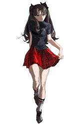  1girl alternate_costume black_bow blue_eyes bow breasts brown_hair closed_mouth clothes_lift commentary_request fate/stay_night fate_(series) full_body hair_bow hair_ribbon highres legs light_smile long_hair long_legs looking_at_viewer medium_breasts miniskirt plaid_clothes plaid_skirt pleated_skirt red_skirt ribbon shirt shoes short_sleeves simple_background skirt skirt_lift smile socks solo standing tohsaka_rin twintails two_side_up ubwmitekure w white_background 