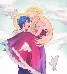  1boy 1girl blonde_hair blue_hair carrying carrying_person couple dress erina_pendleton fuha_(azukiba_9) highres husband_and_wife jojo_no_kimyou_na_bouken jonathan_joestar phantom_blood princess_carry 