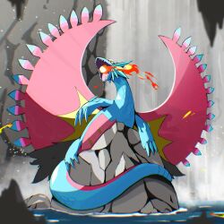  animal_focus breath_weapon breathing_fire claws colored_sclera commentary dragon dragon_wings embers english_commentary fangs fire highres no_humans on_rock open_mouth pokemon pokemon_(creature) pokemon_focus psaber97 red_eyes roaring_moon rock scales solo water waterfall wings yellow_sclera 