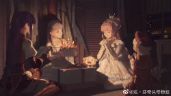  +_+ 3girls ace_(miracle_nikki) ahoge animal arm_belt artist_request bare_arms bare_shoulders bedroom belt belt_buckle birthday birthday_cake black_belt black_shorts blonde_hair blunt_bangs boots bow bowtie brown_boots brown_gloves brown_sleeves brown_vest buckle cake candle capelet cat chinese_commentary cloak closed_eyes closed_mouth closet clothed_animal coattails collarbone collared_vest commentary_request crown dark debbie_(miracle_nikki) drawer dress drooling ear_covers earrings elbow_gloves embers excited fingerless_gloves fire flower flower_earrings food frilled_boots frilled_sleeves frills from_behind full_body gift gloves gold_buttons gold_crown grey_hair hair_bow hair_bun happy hat height_difference high_collar highres holding holding_plate hood hood_up indoors interlocked_fingers jewelry kimi_(miracle_nikki) lace-trimmed_gloves lace_trim layered_dress layered_sleeves long_hair long_sleeves looking_at_another medium_hair mini_crown miracle_nikki momo_(nikki) mortarboard multiple_girls night nikki_(nikki) nikki_(series) number_candle off-shoulder_dress off_shoulder open_mouth pink_hair plate ponytail praying puffy_long_sleeves puffy_short_sleeves puffy_sleeves purple_hair red_capelet red_cloak red_hat rose see-through_clothes see-through_dress_layer see-through_thighhighs shadow shirt short_dress short_over_long_sleeves short_sleeves shorts sidelocks single_hair_bun sleeveless sleeveless_dress smile sparkle_of_stars_(miracle_nikki) sparkling_eyes straight_hair striped_clothes striped_dress tailcoat thigh-highs thigh_boots third-party_edit third-party_source third-party_watermark very_long_hair vest watermark weibo_watermark white_boots white_bow white_bowtie white_cat white_dress white_flower white_gloves white_rose white_shirt white_thighhighs window yellow_hood 