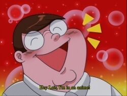  1990s_(style) 1boy :d animification brown_hair cleft_chin closed_eyes collared_shirt doggie358 family_guy glasses male_focus notice_lines open_mouth parody peter_griffin retro_artstyle round_eyewear shirt short_hair smile solo very_short_hair white_shirt 