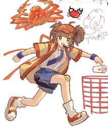  1girl :d ahoge art_program_in_frame back_bow black_eyes bow bright_pupils brown_hair commentary_request crab cup disposable_cup employee_uniform fast_food_uniform full_body gomi_beya happi hat headset highres imadake_dabuchi_tabemi japanese_clothes looking_at_viewer mcdonald's necktie open_happi open_mouth photo-referenced red_hat shirt short_sleeves simple_background smile socks solo striped_clothes striped_shirt tasuki tie_clip trash_can twintails velcro_footwear vertical-striped_clothes vertical-striped_shirt visor_cap white_background white_pupils white_shirt white_socks yellow_happi 