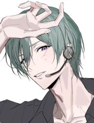  1boy arm_up black_shirt collarbone commentary_request ensemble_stars! green_hair grin hand_on_own_head headset highres kazehaya_tatsumi looking_at_viewer male_focus mole mole_under_eye portrait shirt simple_background smile solo violet_eyes white_background zetsubou_wo_okurou_ka 