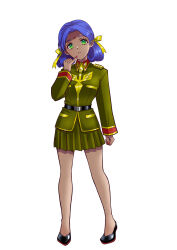  1girl belt bindi commentary_request dark_skin green_eyes gundam hair_ribbon highres ikebukuro_maria lalah_sune looking_at_viewer military_rank_insignia military_uniform mobile_suit_gundam purple_hair ribbon science_fiction skirt white_background yellow_ribbon zeon 